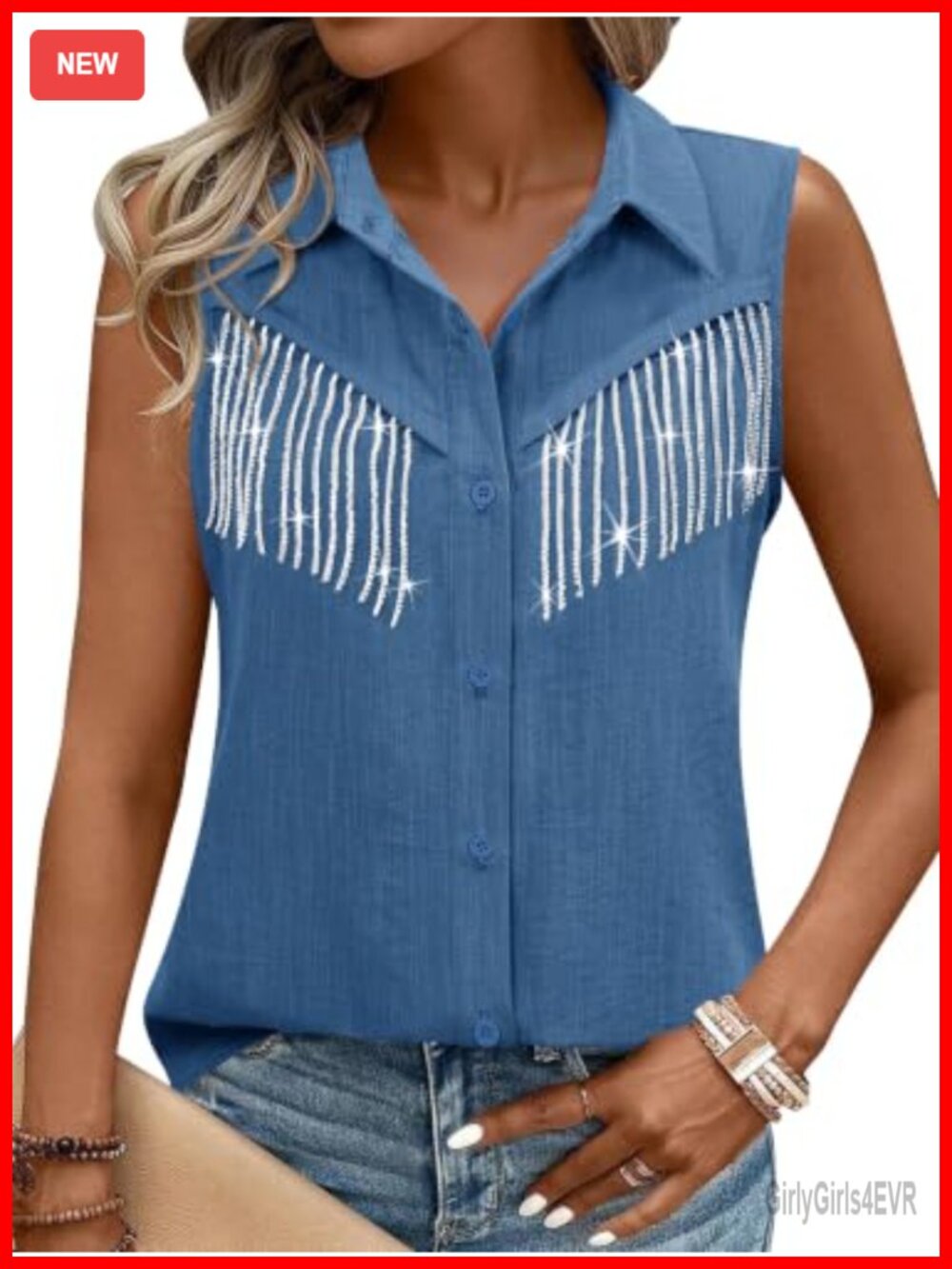 MYMORE Western Cowgirl Fringe Sleeveless Button Down Shirt Rodeo Top